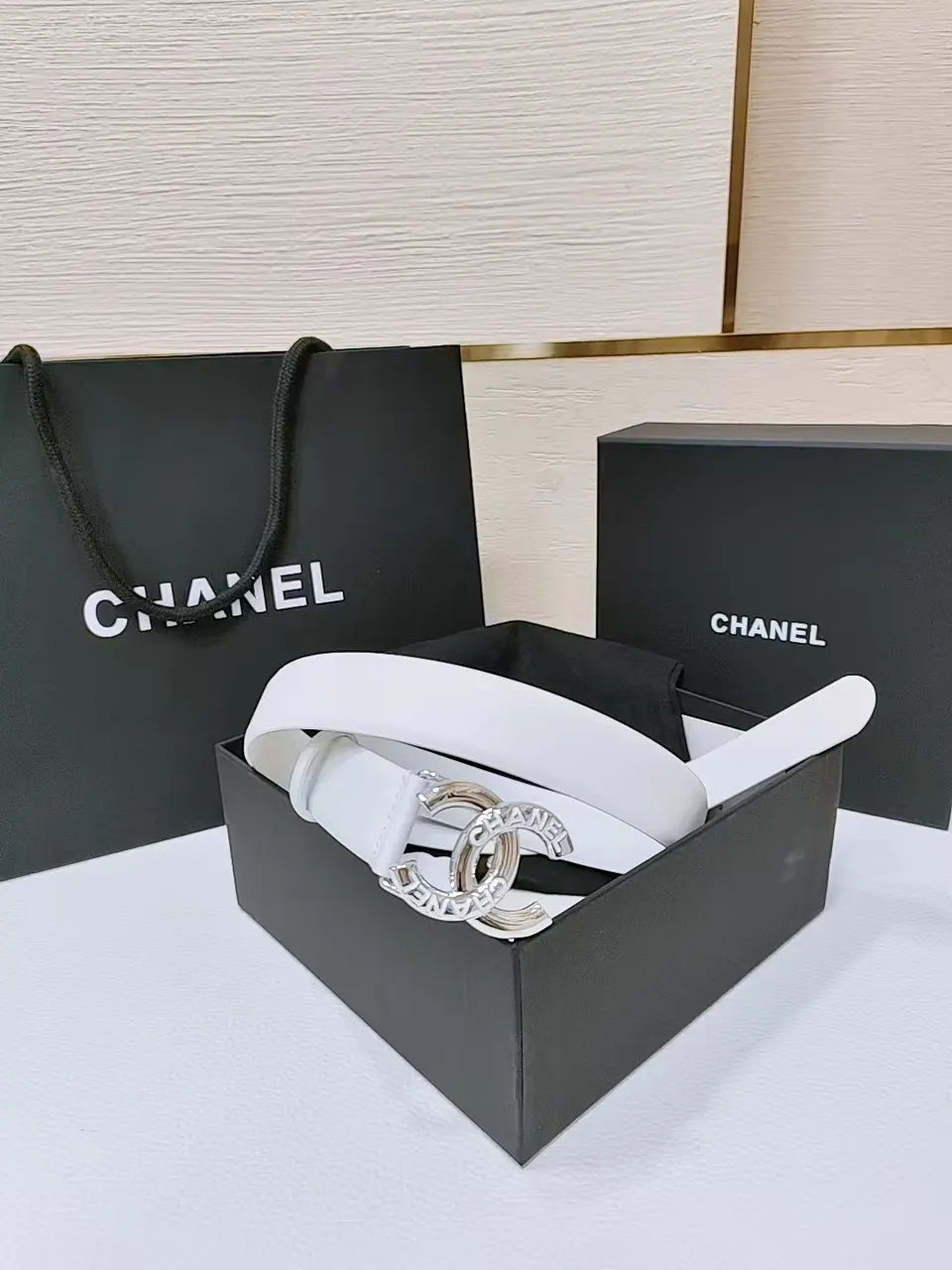 Chanel White Leather Belt silver - Hình 2