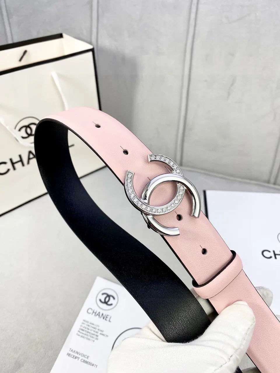 light Chanel Pink Leather Belt - Hình 7