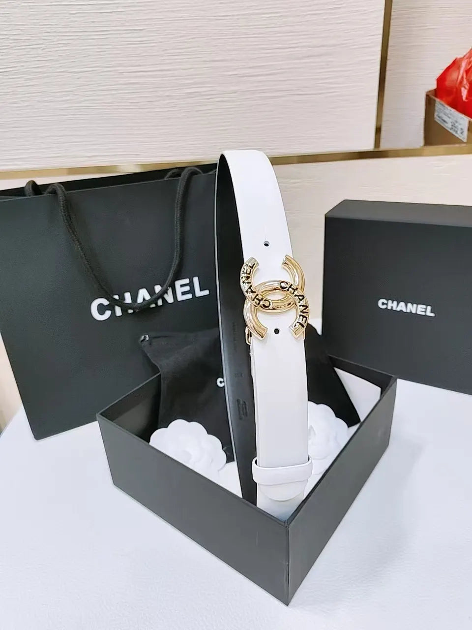 gold Chanel White Leather Belt