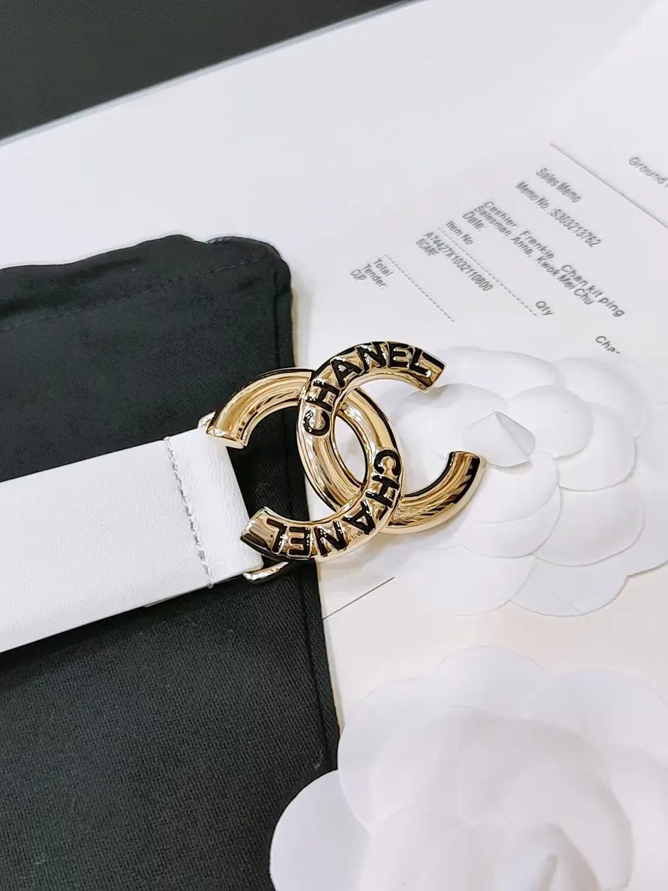 gold Chanel White Leather Belt - Hình 3