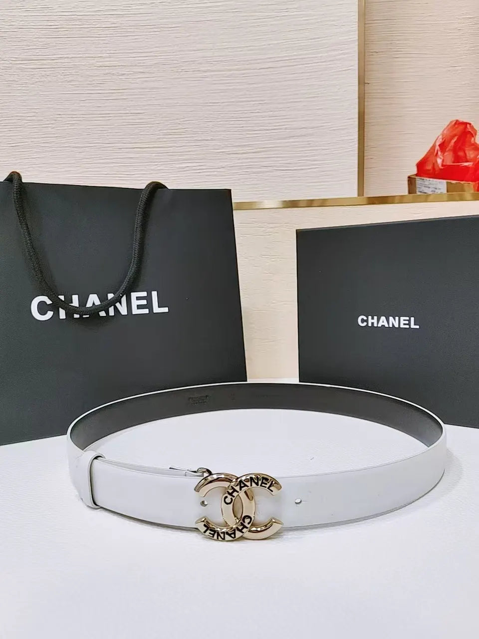 gold Chanel White Leather Belt - Hình 4