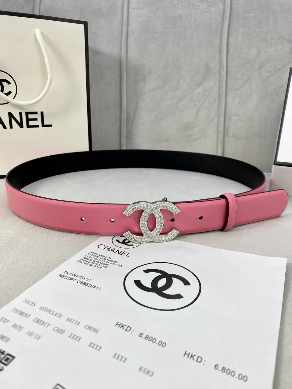 cc Chanel Pink Leather Belt Rhinestone
