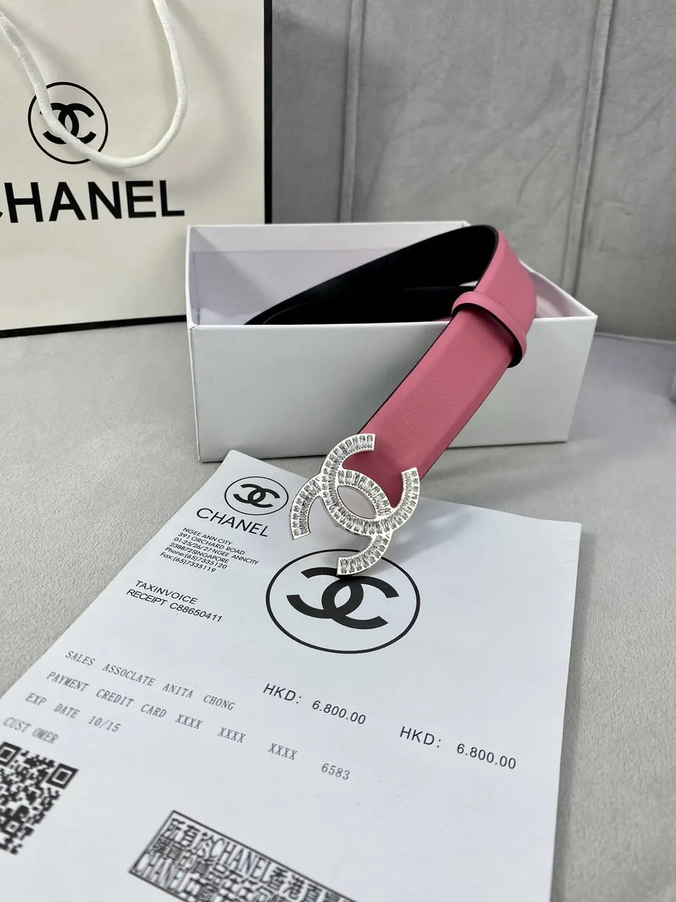 cc Chanel Pink Leather Belt Rhinestone - Hình 2