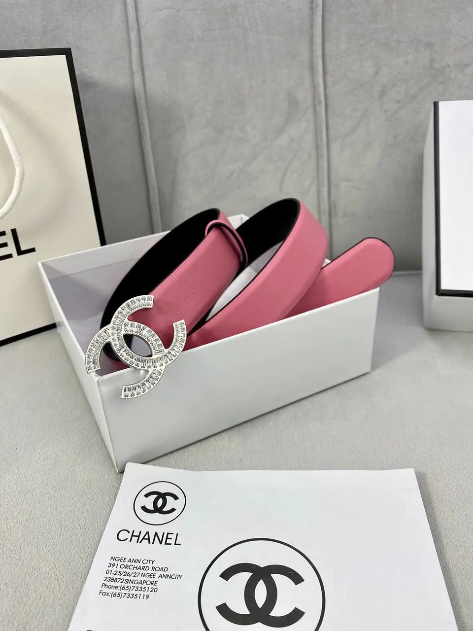 cc Chanel Pink Leather Belt Rhinestone - Hình 3