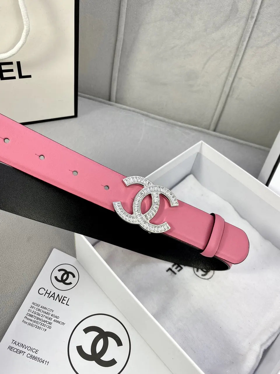 cc Chanel Pink Leather Belt Rhinestone - Hình 4