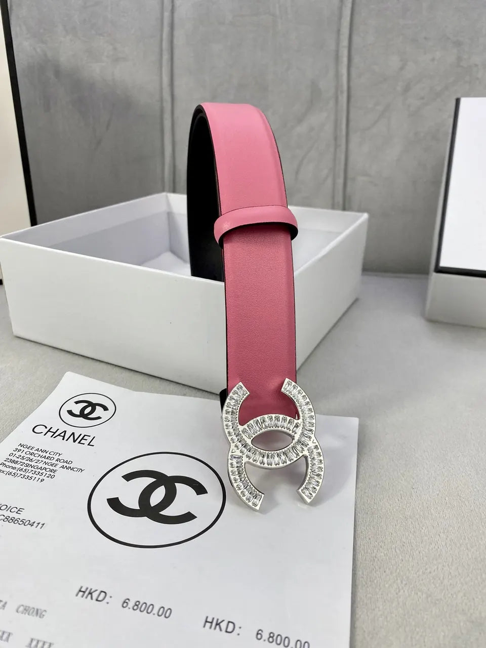 cc Chanel Pink Leather Belt Rhinestone - Hình 5