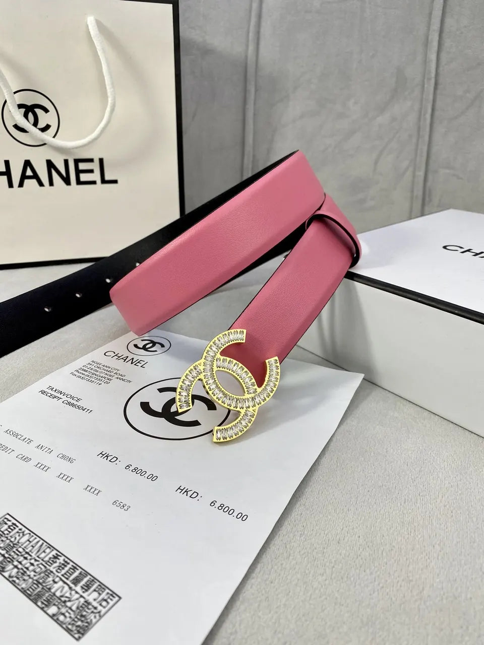 cc Chanel Pink Leather Belt Rhinestone - Hình 6