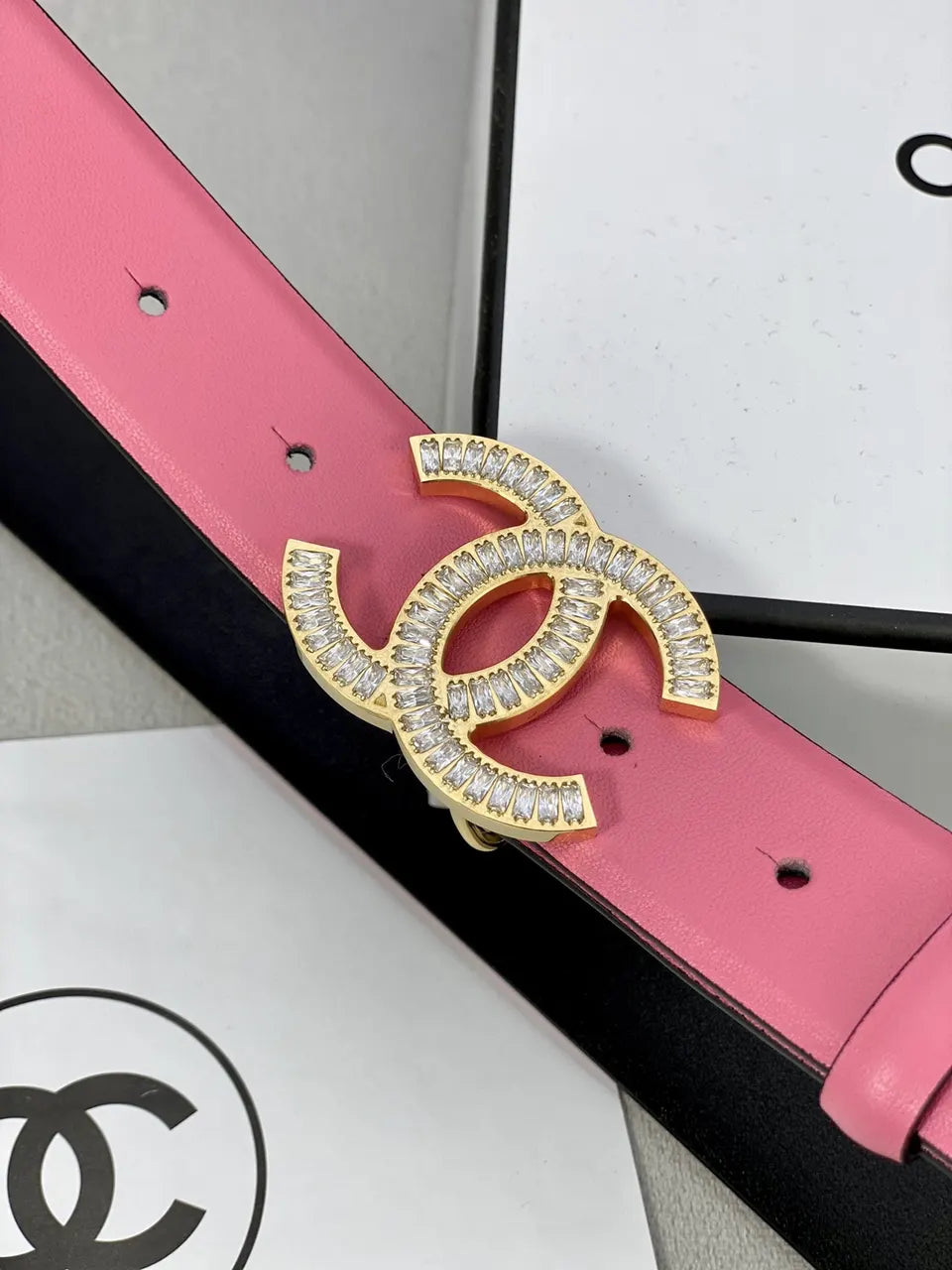 cc Chanel Pink Leather Belt Rhinestone - Hình 7