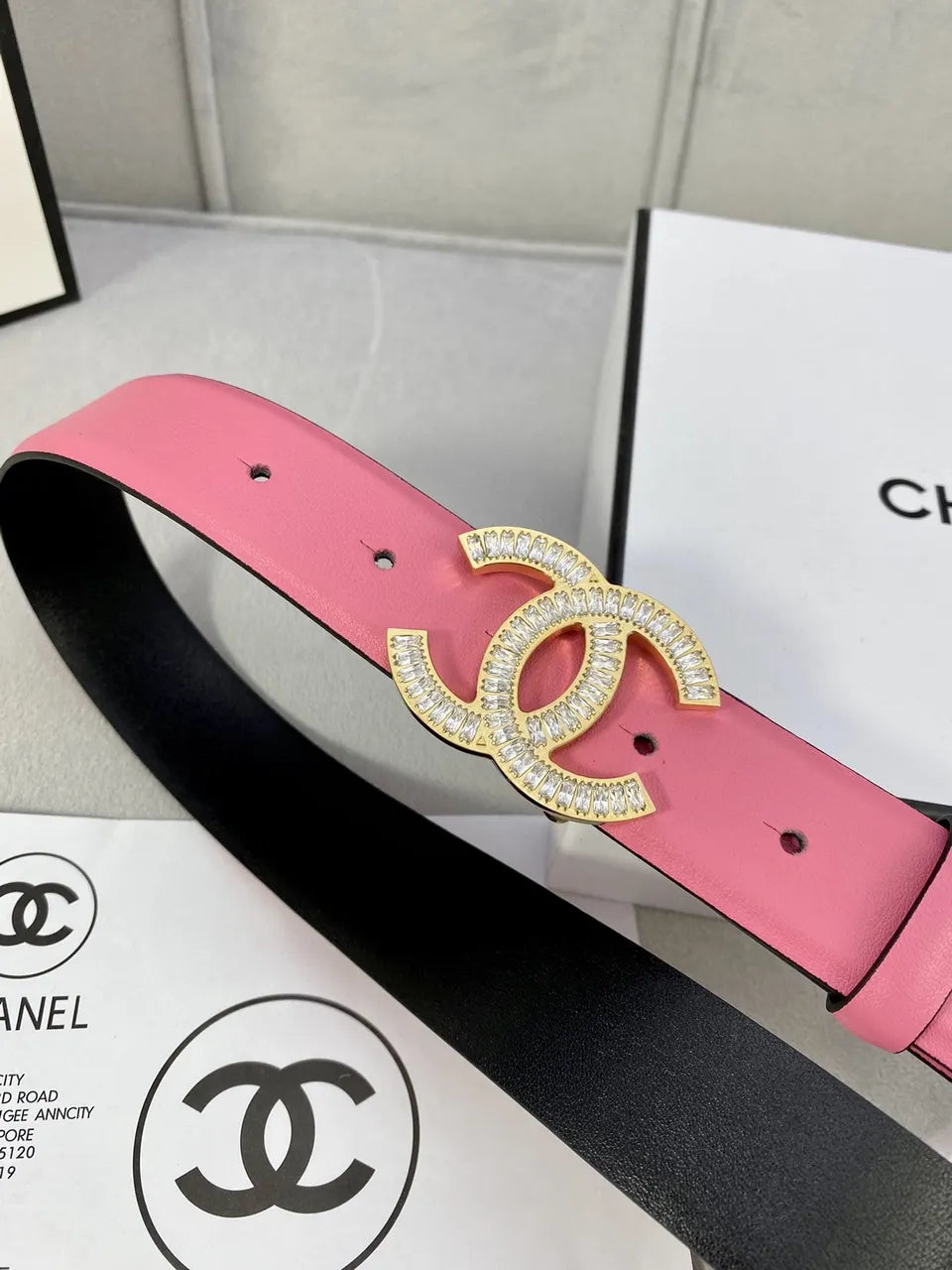 cc Chanel Pink Leather Belt Rhinestone - Hình 8