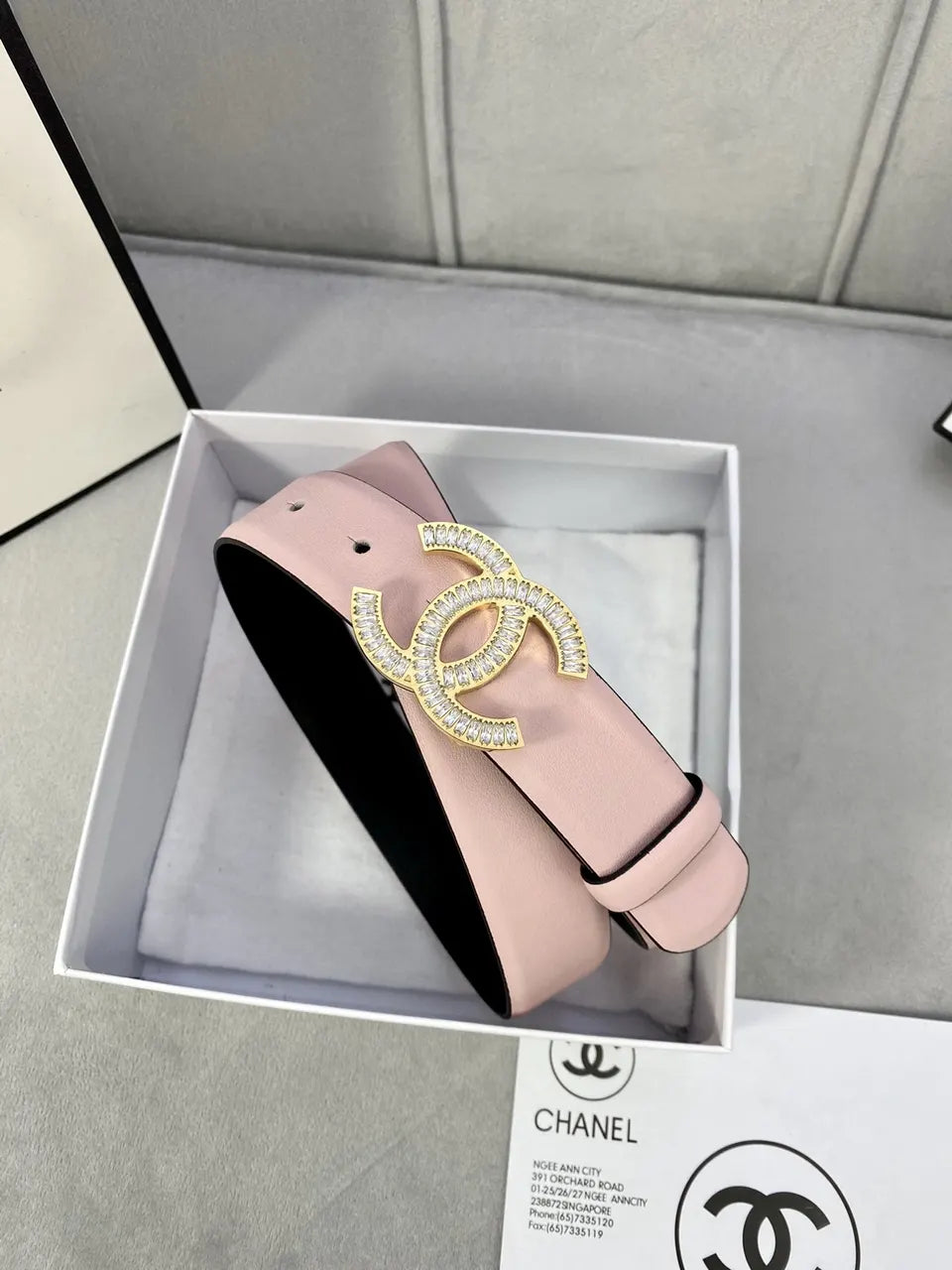 rhinestone Chanel Light Pink Leather Belt - Hình 2