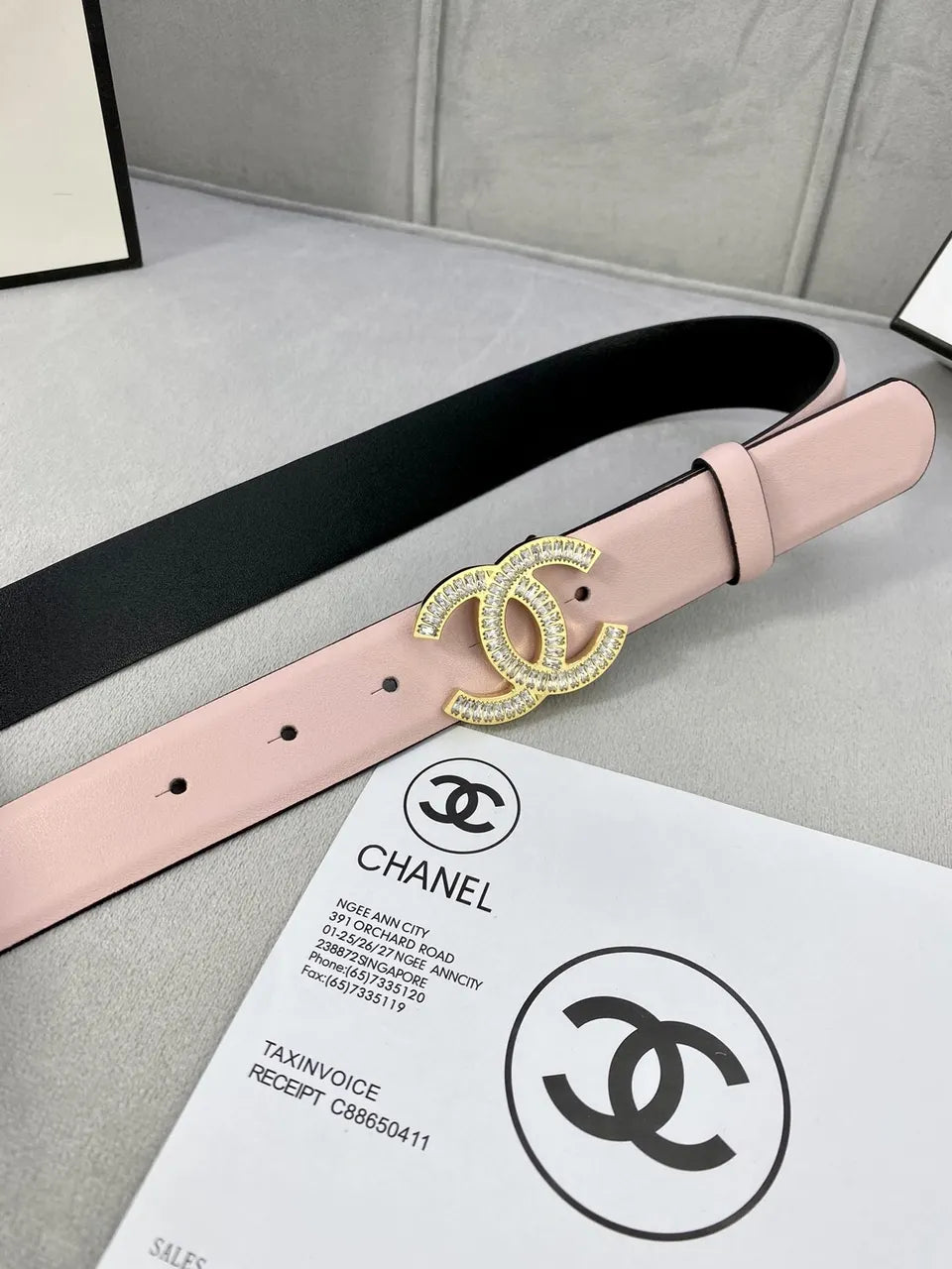 rhinestone Chanel Light Pink Leather Belt - Hình 3