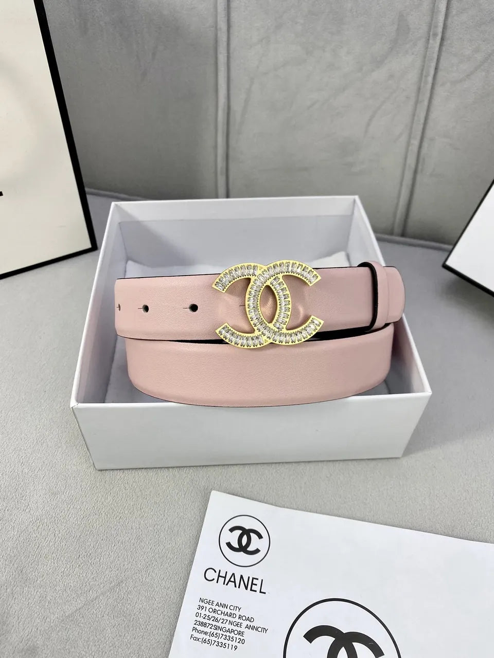 rhinestone Chanel Light Pink Leather Belt - Hình 4
