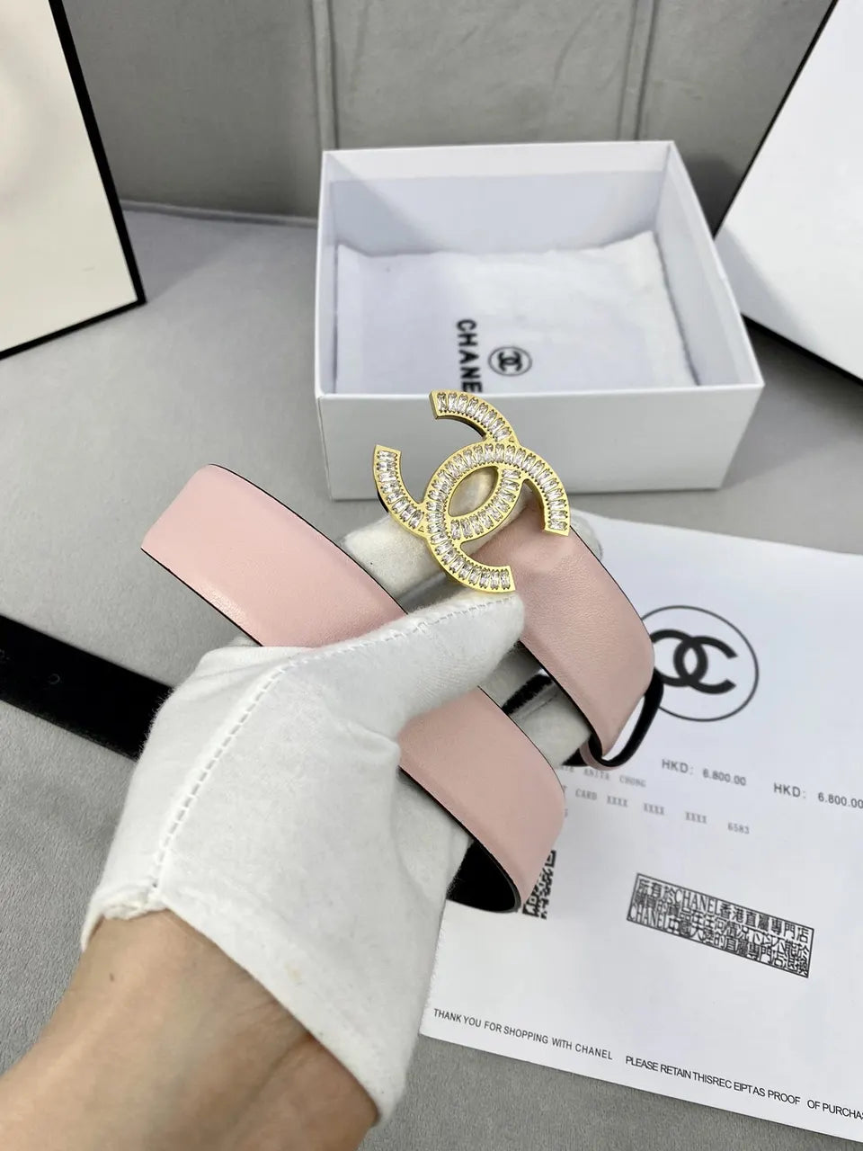 rhinestone Chanel Light Pink Leather Belt - Hình 5