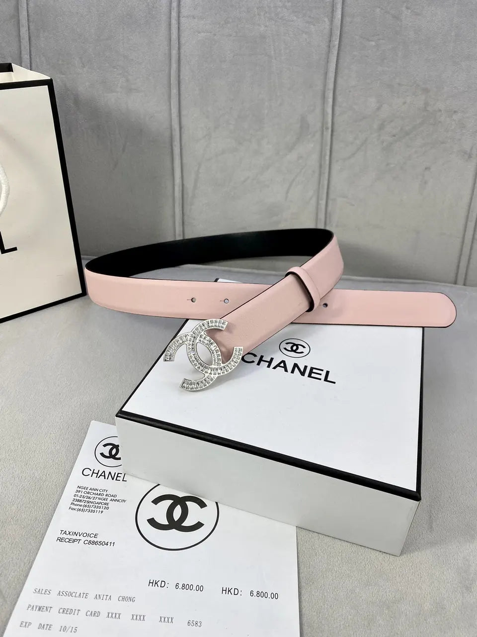 rhinestone Chanel Light Pink Leather Belt - Hình 6