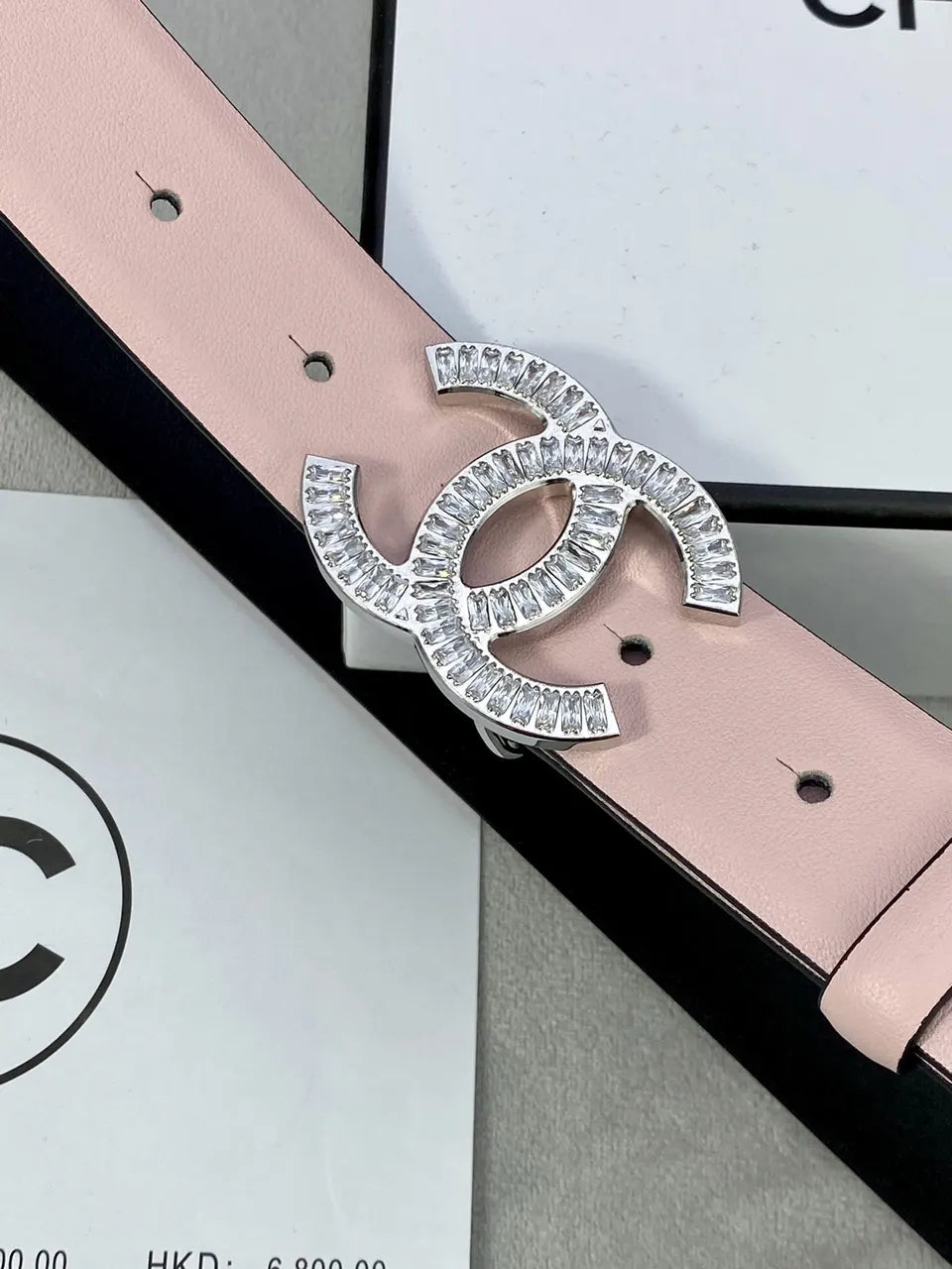 rhinestone Chanel Light Pink Leather Belt - Hình 8