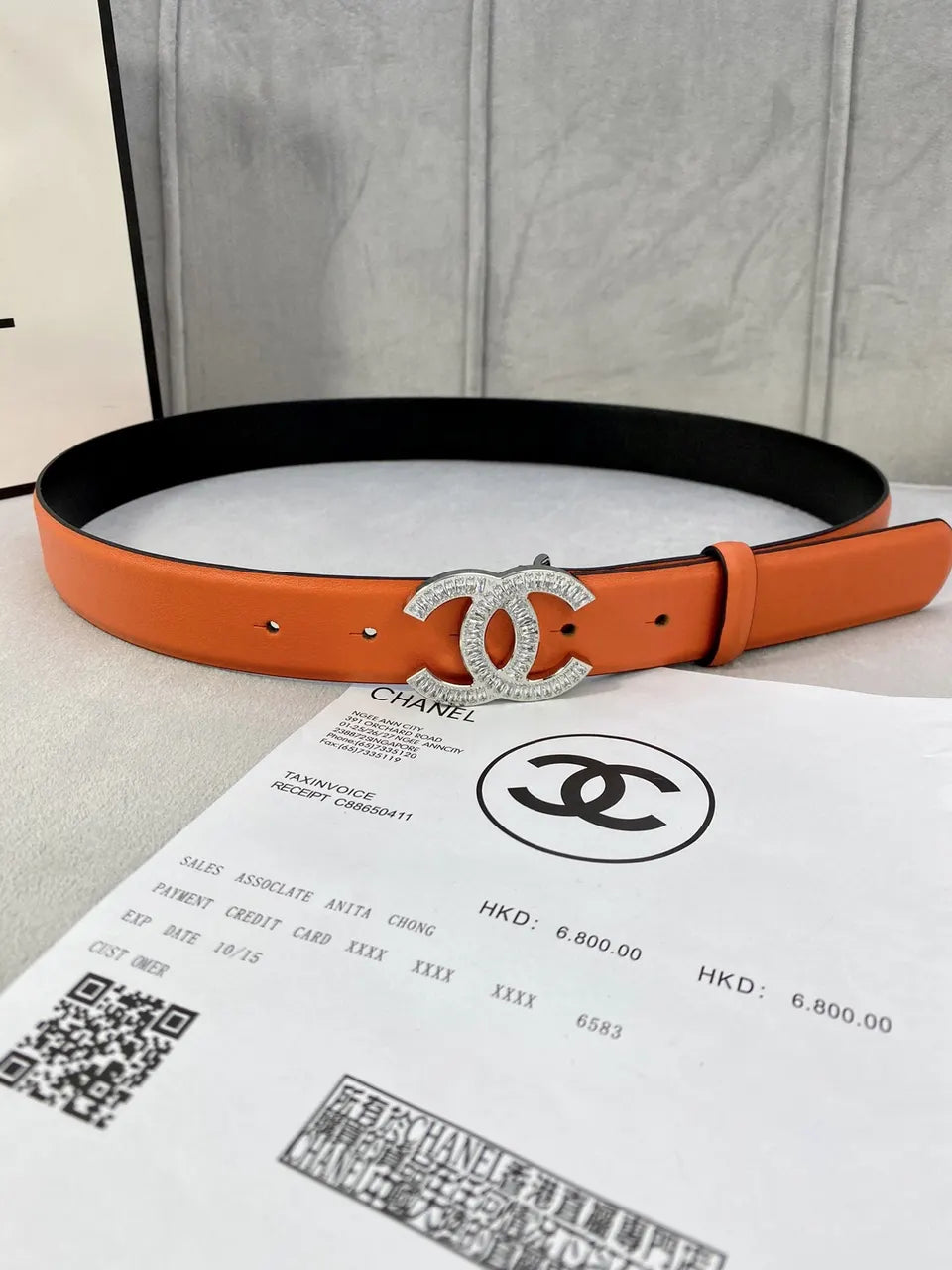 silver Chanel Orange Leather Belt