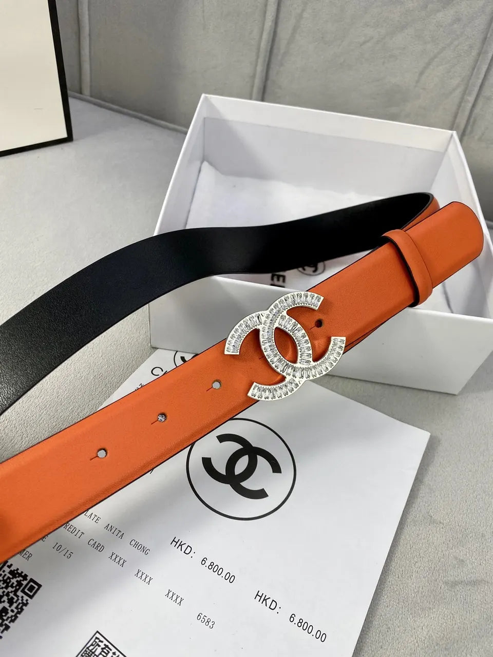 silver Chanel Orange Leather Belt - Hình 2