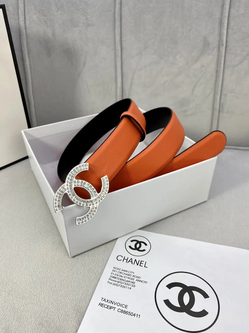 silver Chanel Orange Leather Belt - Hình 3