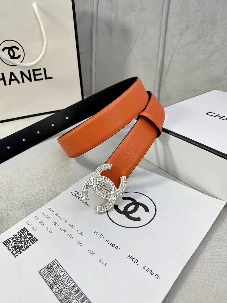 silver Chanel Orange Leather Belt - Hình 4