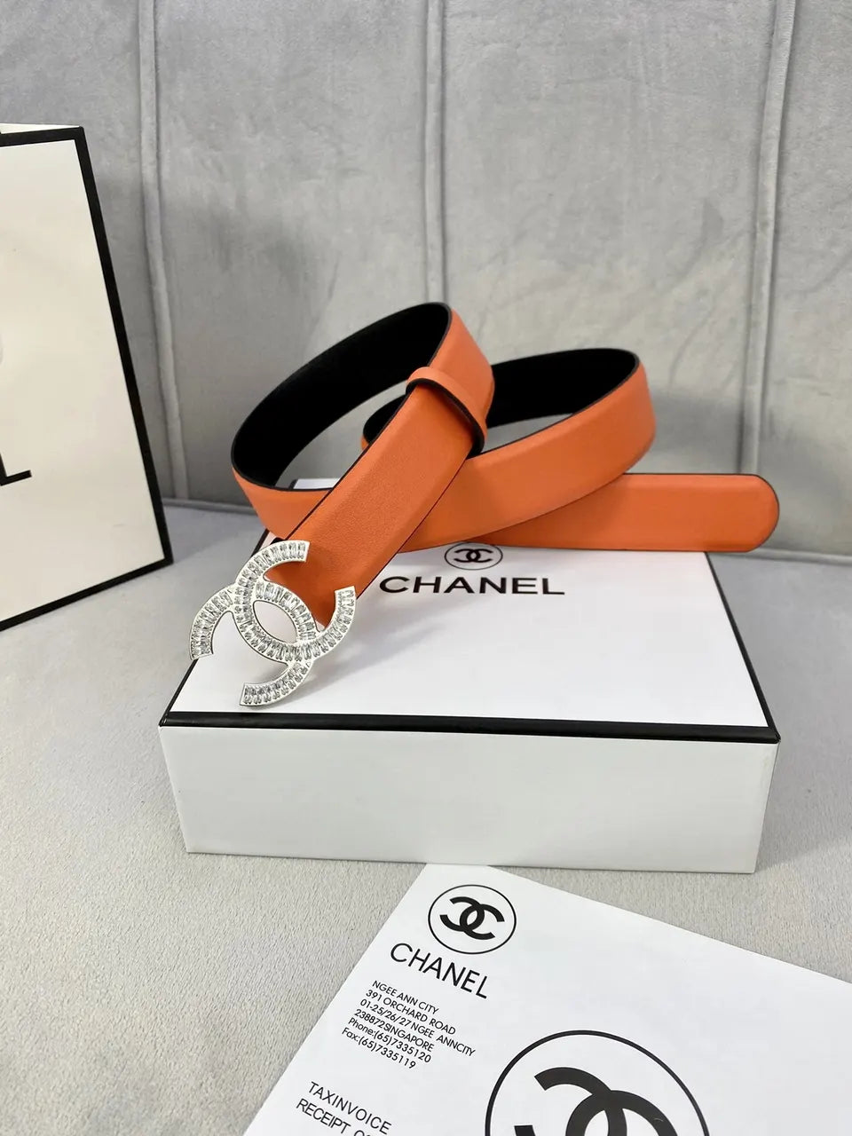 silver Chanel Orange Leather Belt - Hình 5