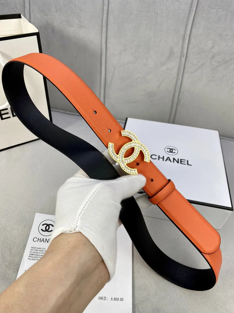 silver Chanel Orange Leather Belt - Hình 6