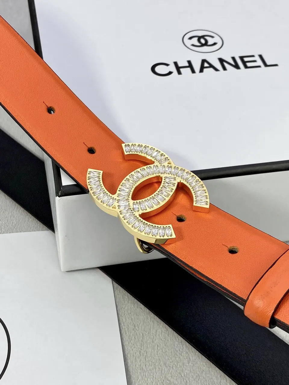 silver Chanel Orange Leather Belt - Hình 7