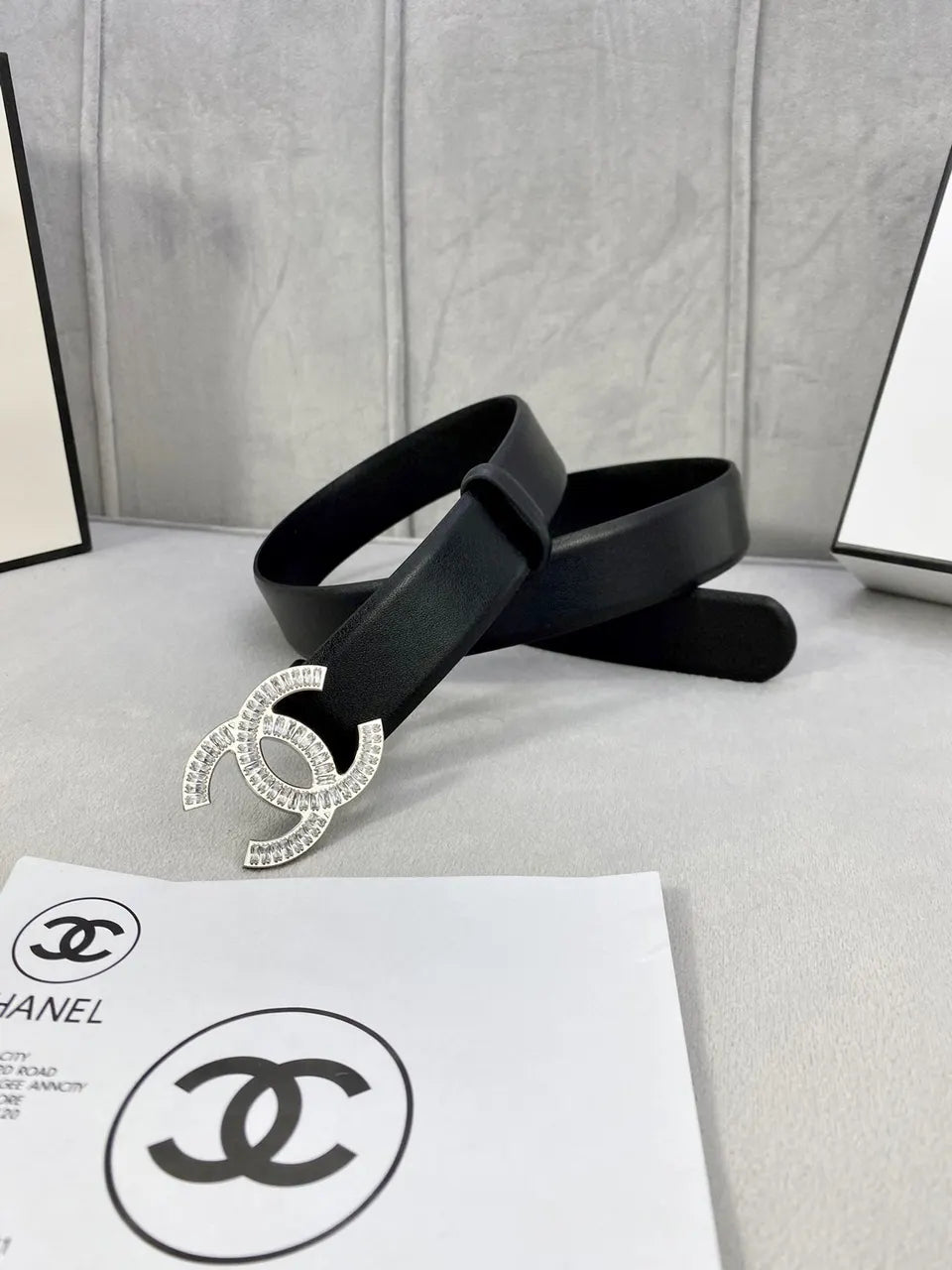 leather Chanel Crystal CC Black Belt - Hình 2