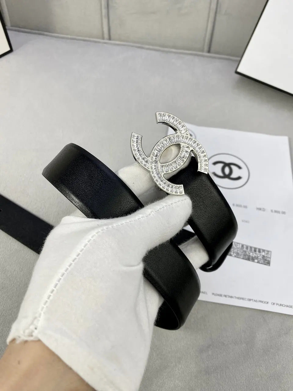 leather Chanel Crystal CC Black Belt - Hình 3