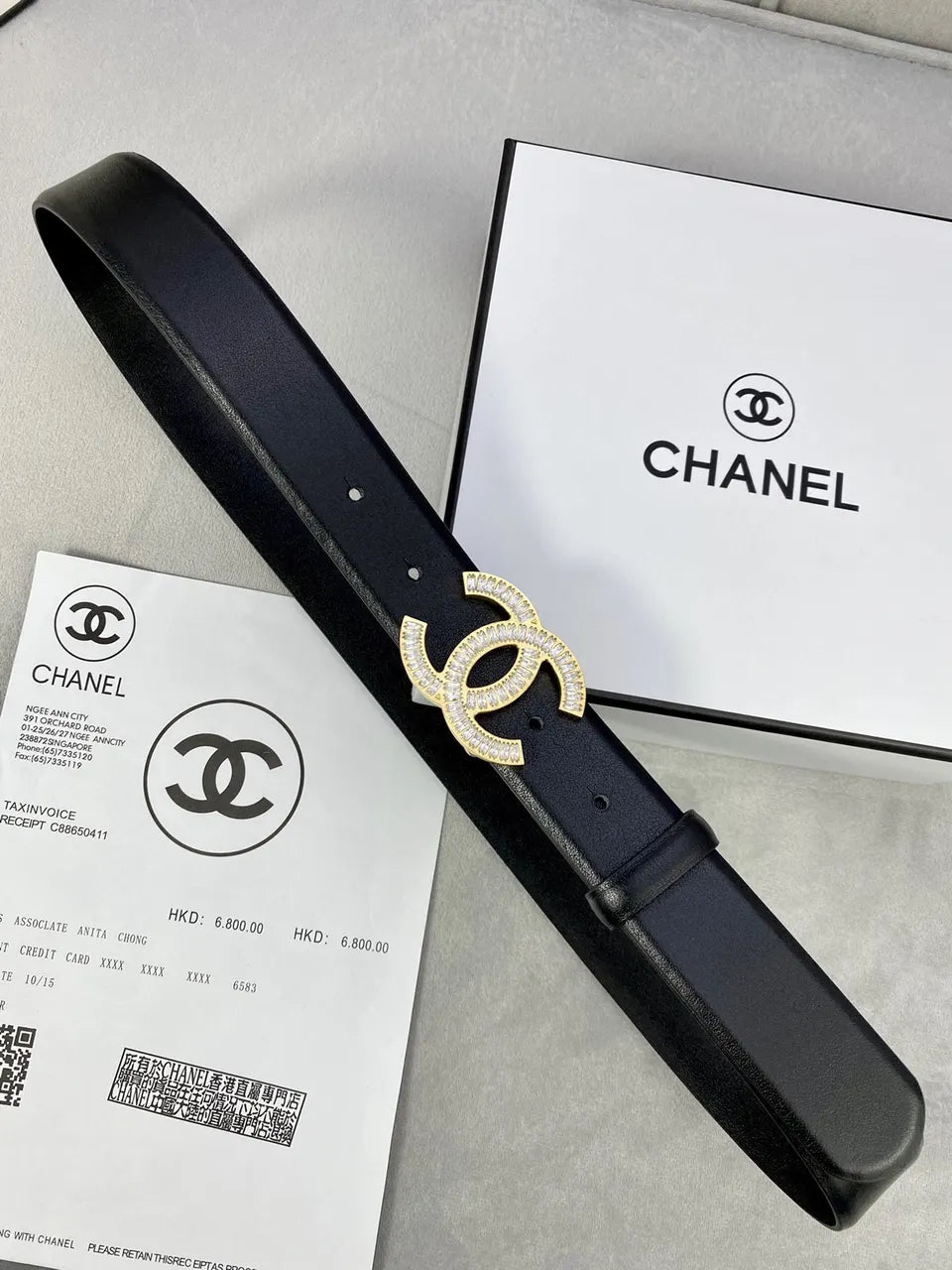 leather Chanel Crystal CC Black Belt - Hình 5