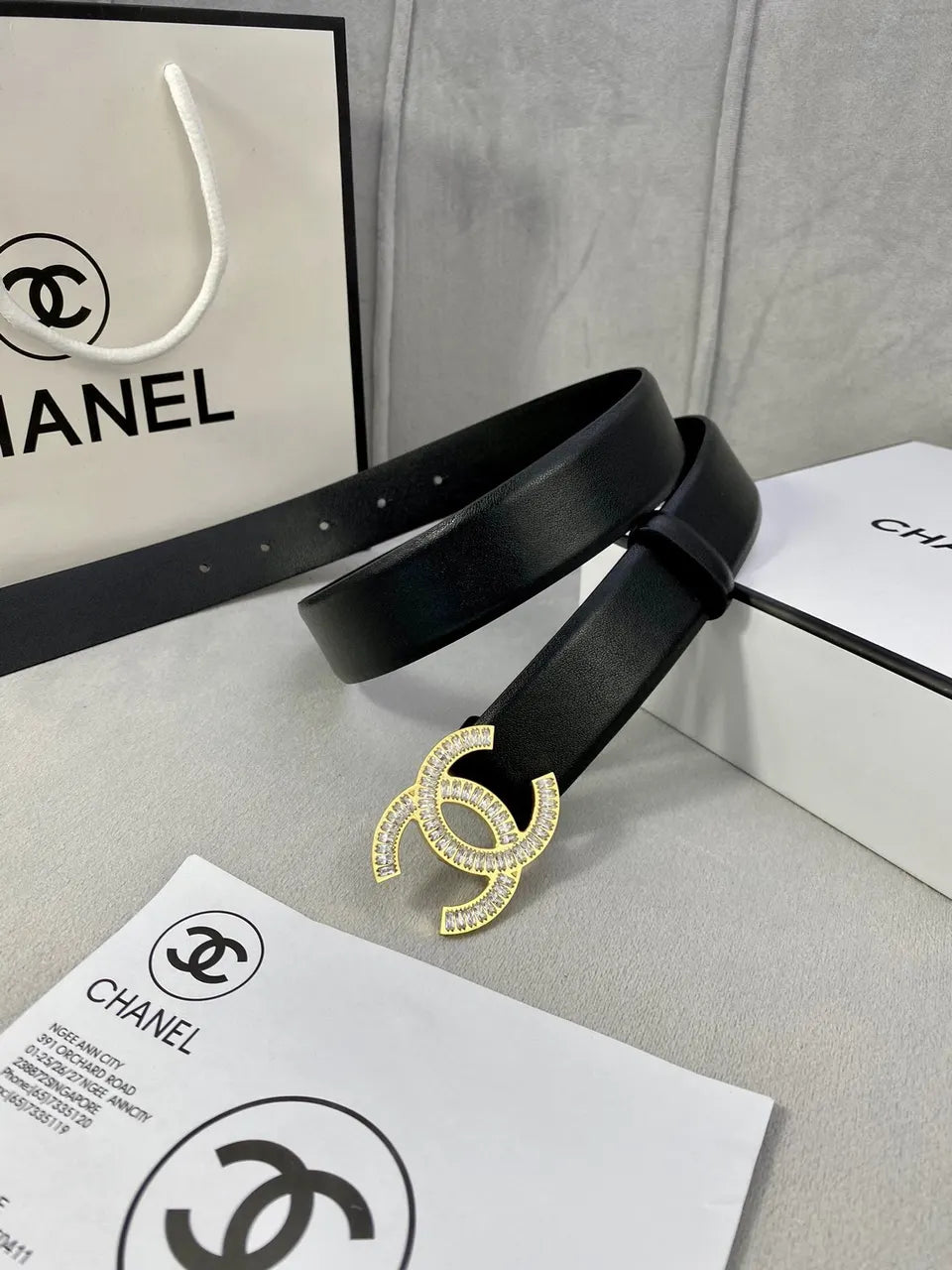 leather Chanel Crystal CC Black Belt - Hình 6