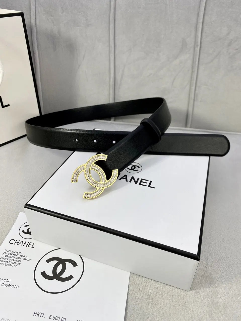 leather Chanel Crystal CC Black Belt - Hình 7
