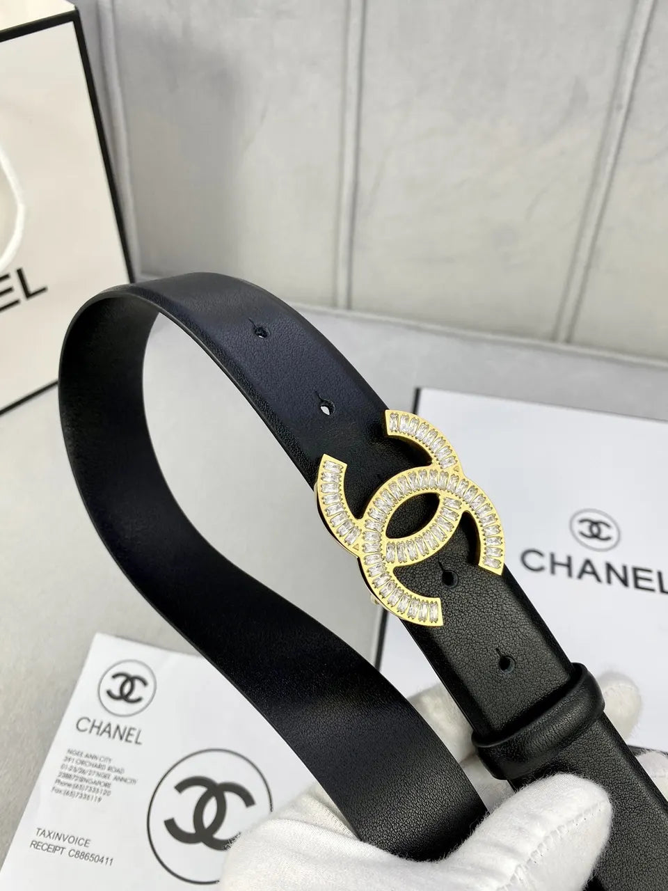 leather Chanel Crystal CC Black Belt - Hình 8