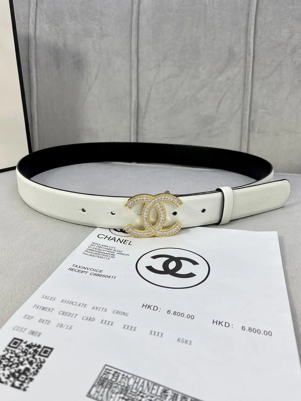 Chanel White Leather Belt Golden Crystal CC