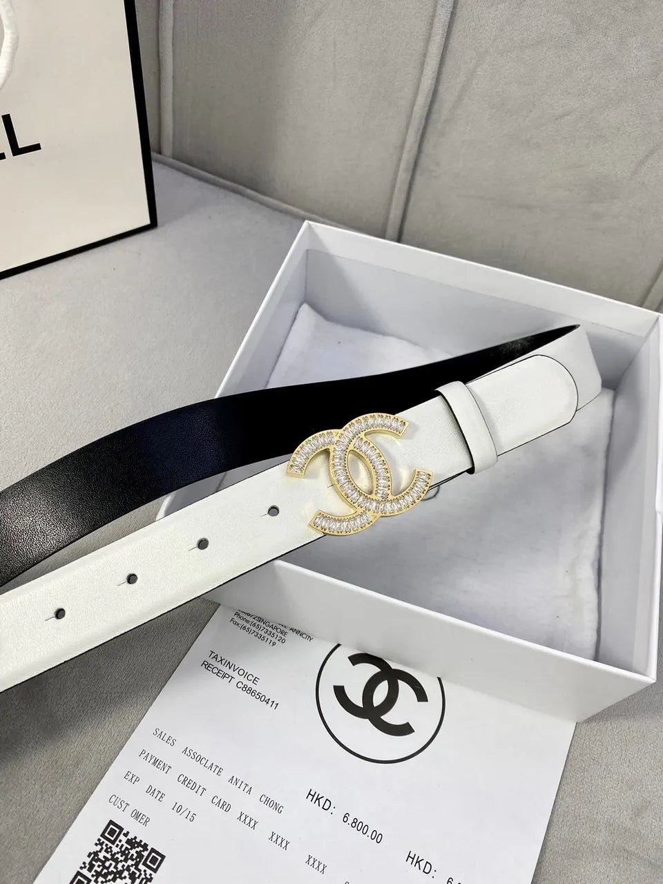 Chanel White Leather Belt Golden Crystal CC - Hình 2