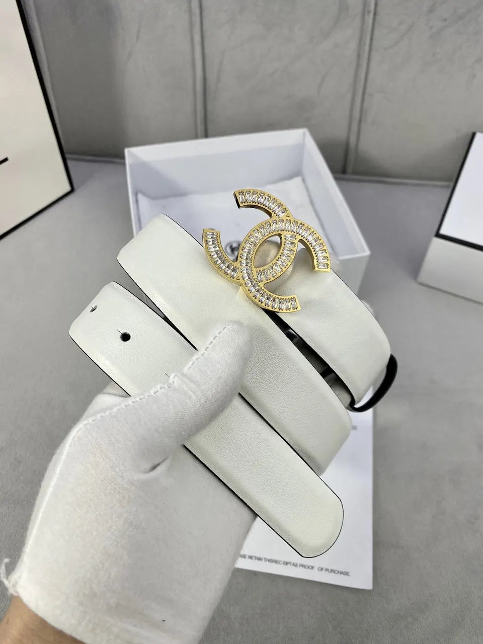 Chanel White Leather Belt Golden Crystal CC - Hình 3