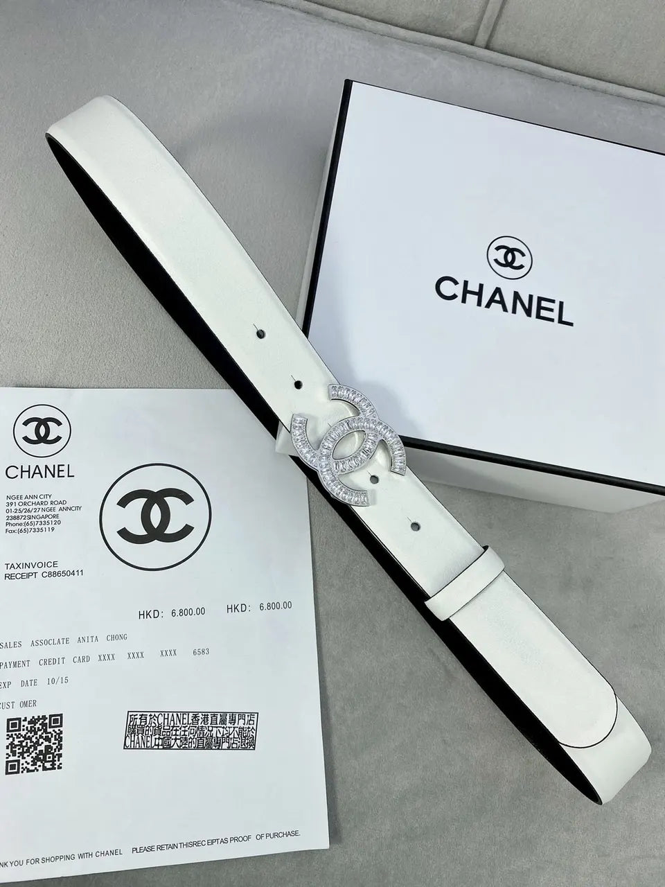 Chanel White Leather Belt Golden Crystal CC - Hình 5