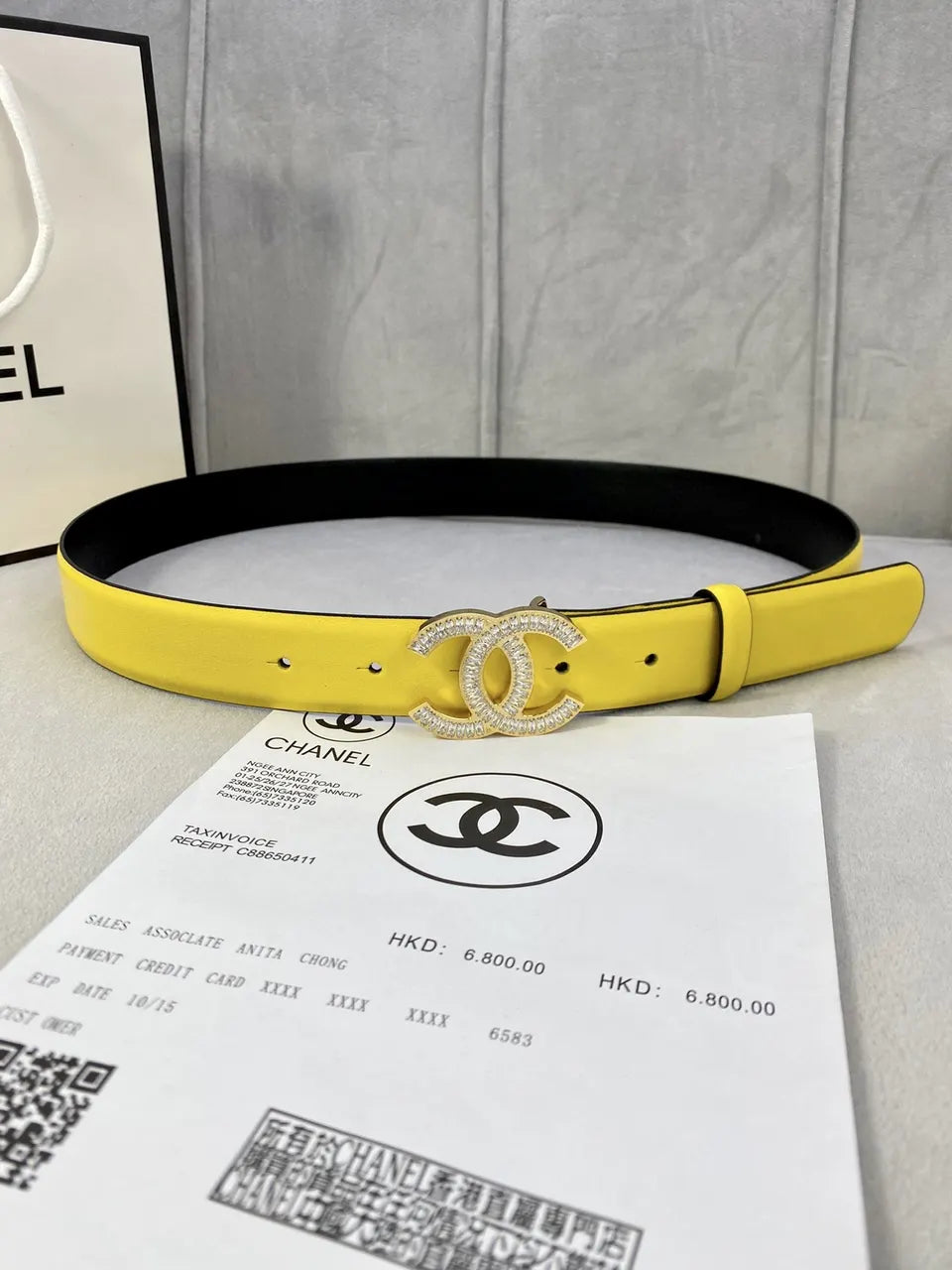 Chanel Yellow Leather Belt Rhinestone