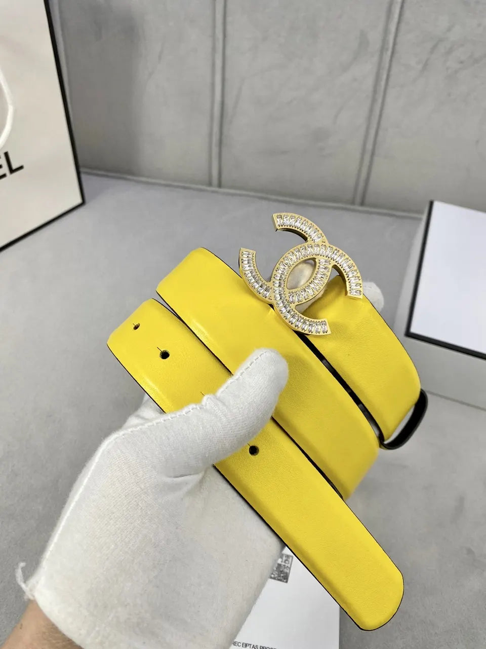 Chanel Yellow Leather Belt Rhinestone - Hình 2