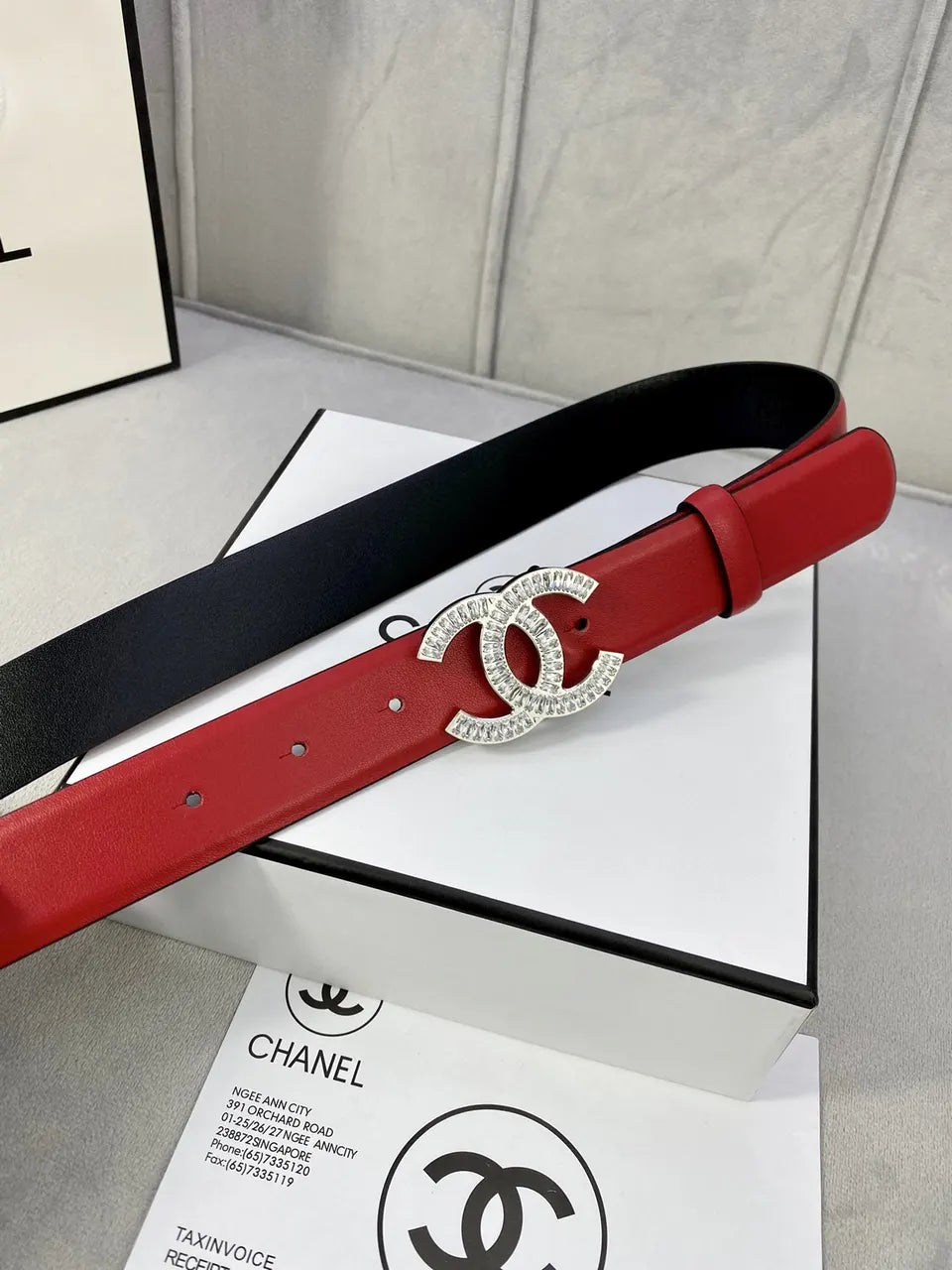 rhinestone Chanel Red Leather Belt - Hình 2