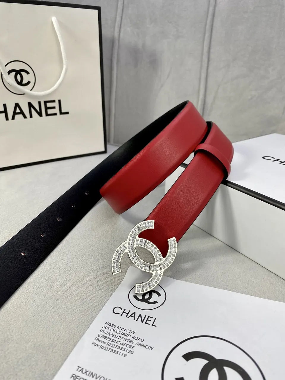 rhinestone Chanel Red Leather Belt - Hình 3