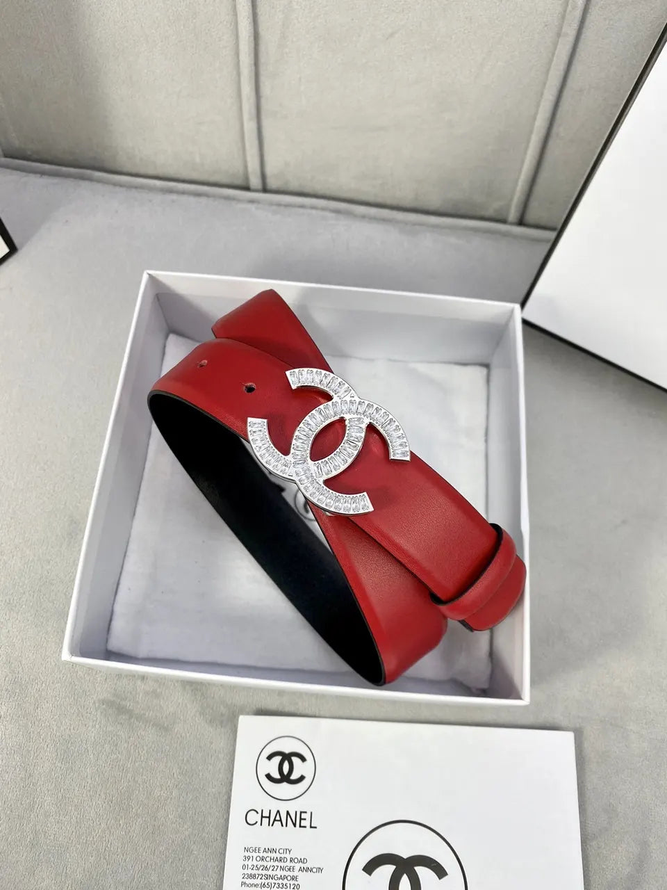 rhinestone Chanel Red Leather Belt - Hình 4