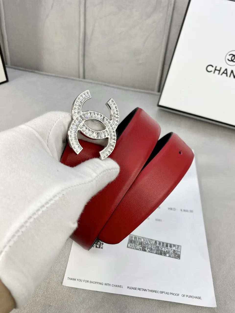 rhinestone Chanel Red Leather Belt - Hình 5