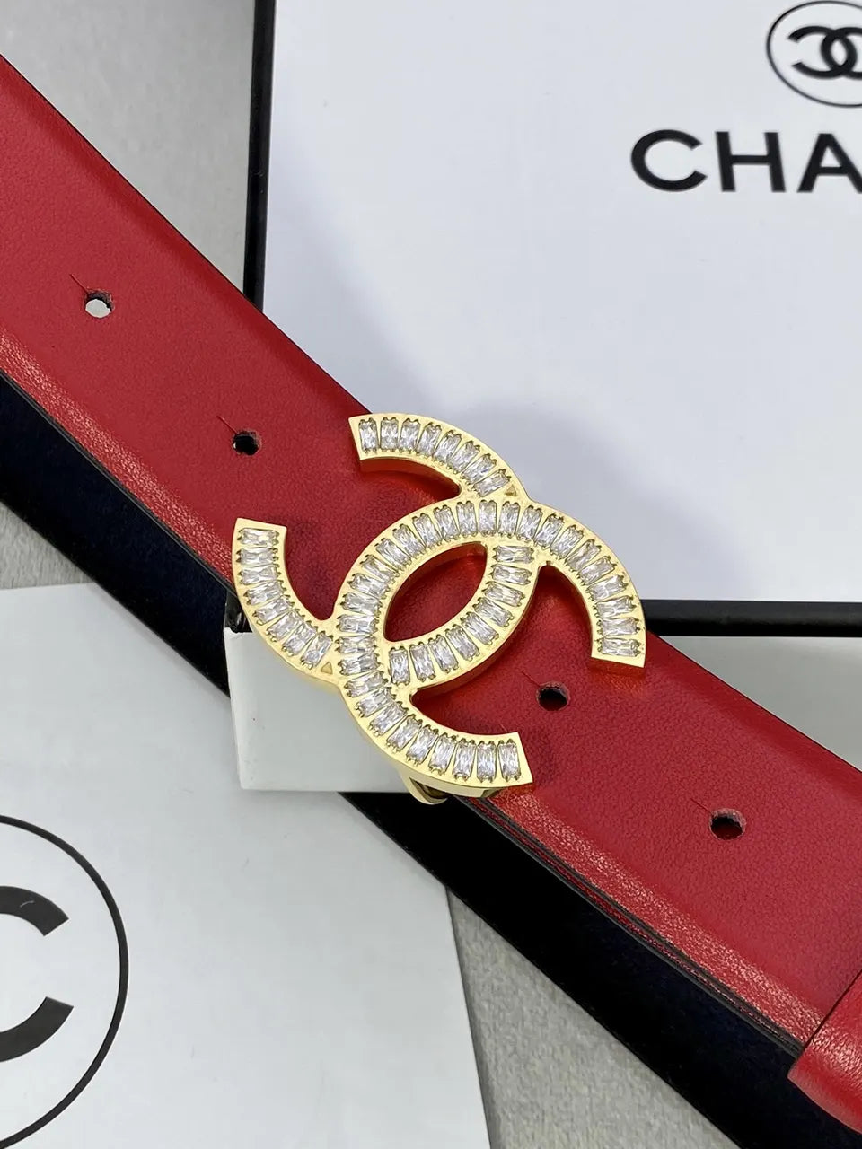 rhinestone Chanel Red Leather Belt - Hình 6