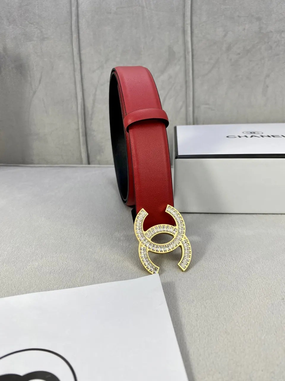 rhinestone Chanel Red Leather Belt - Hình 7