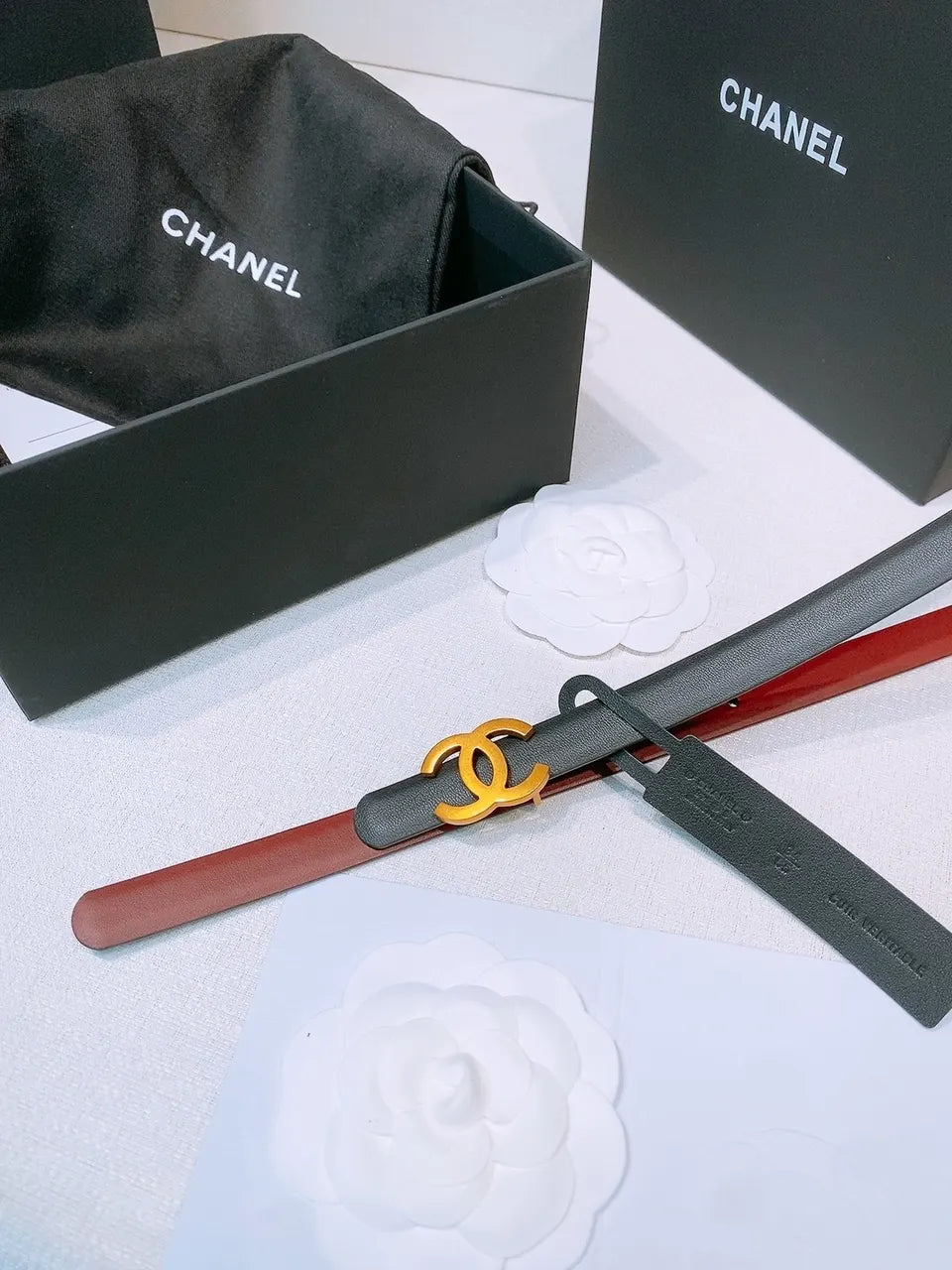 black Chanel Red Reversible Belt - Hình 3