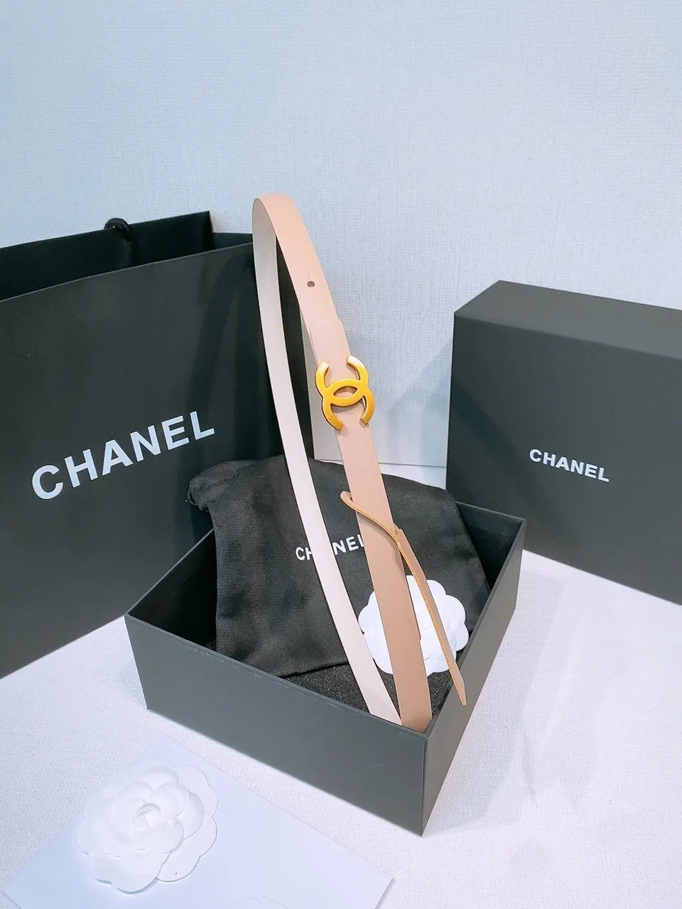 golden Chanel Light Pink Leather Belt