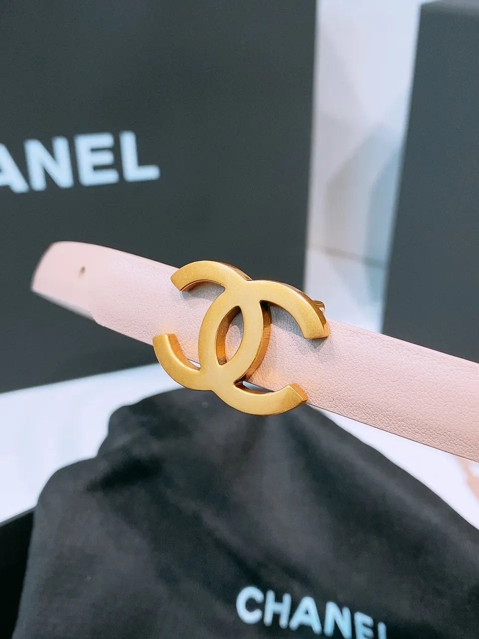 golden Chanel Light Pink Leather Belt - Hình 4