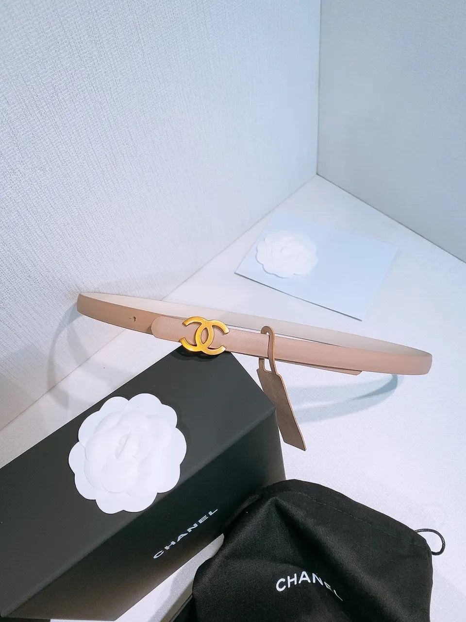 golden Chanel Light Pink Leather Belt - Hình 6