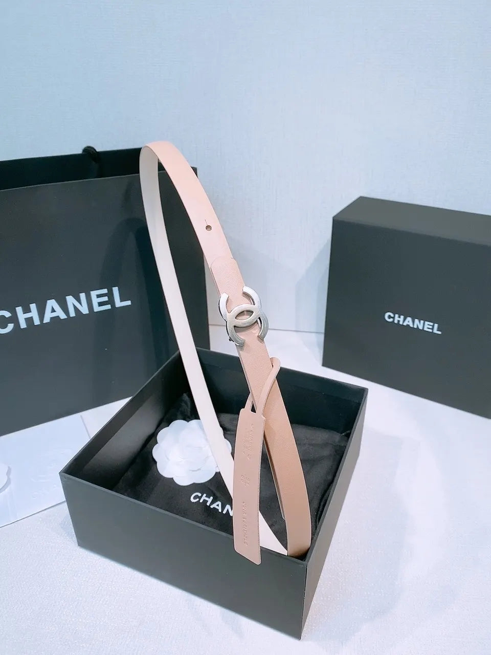 silver Chanel Nude Leather Belt