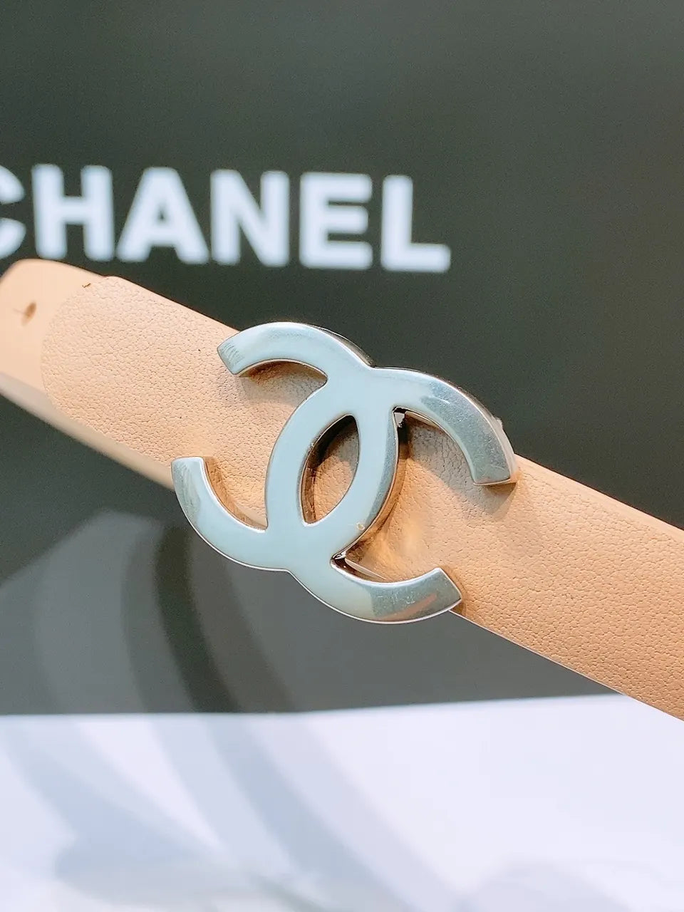 silver Chanel Nude Leather Belt - Hình 3